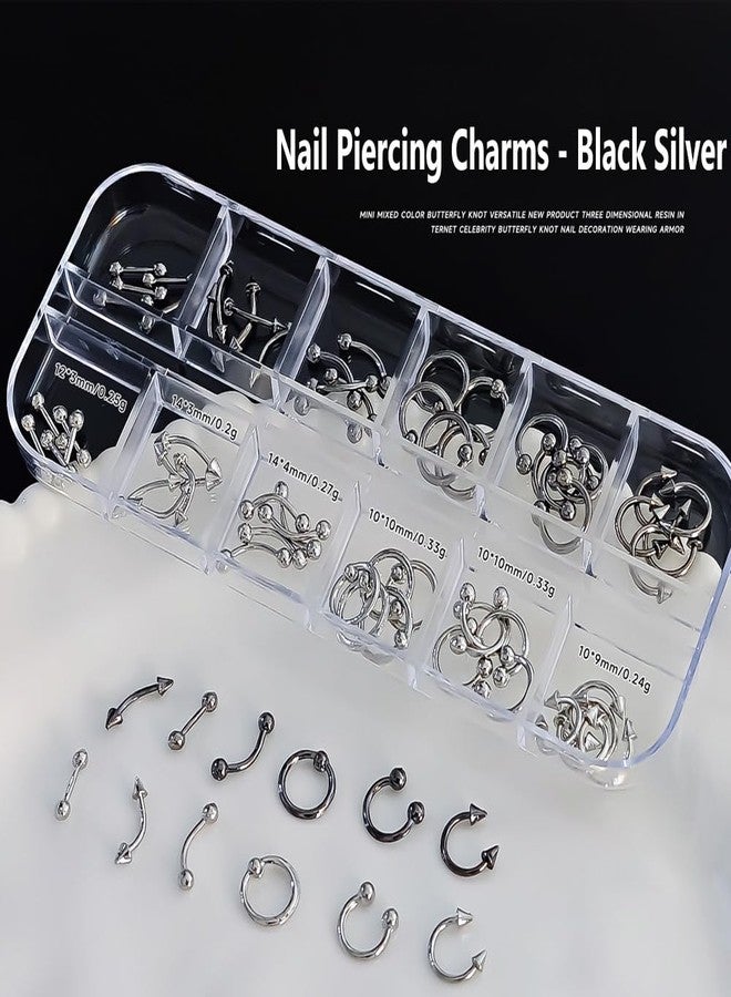 KACHIMOO Nail Piercing Charms,2 Boxes Metal Punk Goth Studs Silver Black Y2K Nail Charms with Piercing for Nail Art Decoration - Image 2